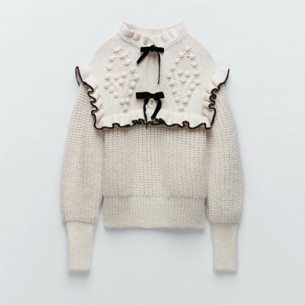 Zara Chunky Knit Bow Tie Ruffle Detail Bobble Sweater Medium Blogger Favorite